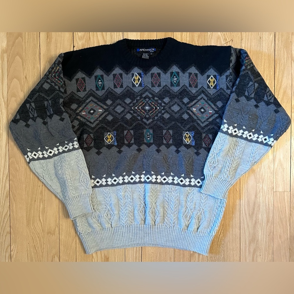 Architect Mens Vintage Wool Blend Gray Multicolor Geometric Pattern Sweater, L